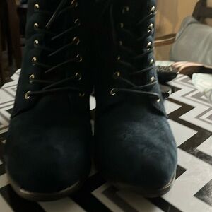 Navy blue suede, high, thick heel boot size 9